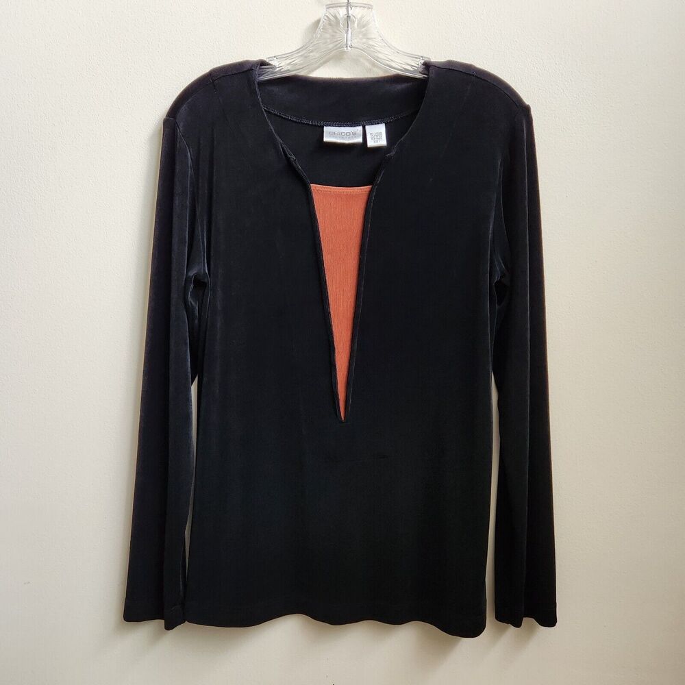 Chico's Top Womens Size 1 Black Rust Long Sleeve Ribbed Knit Top Tunic